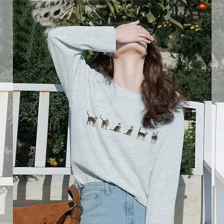 KHV真维斯灰色纯棉长袖t恤女2025秋季新款独特猫咪印花打底衫上衣商品大图