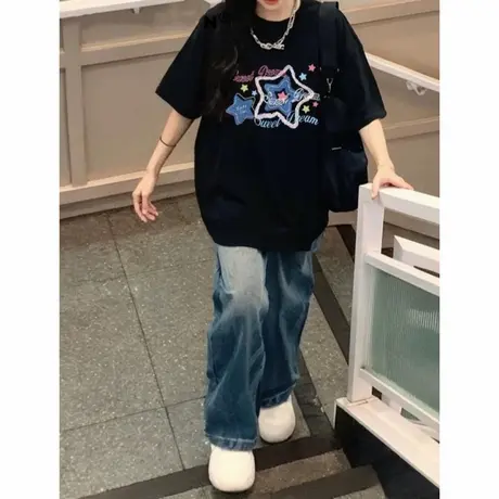 黑色纯棉短袖t恤女夏季2025新款美式复古高级感宽松半袖上衣潮牌图片