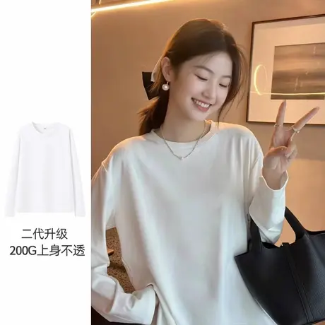 KV真维斯白色长袖t恤女2025新款纯棉透气秋季宽松百搭圆领打底衫图片