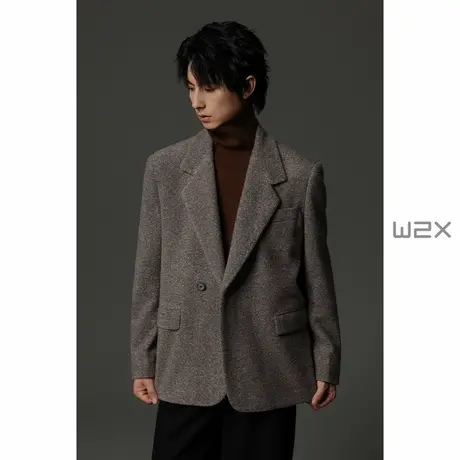 w2x秋冬季圈圈呢加厚毛呢西装男时尚青年百搭休闲小西服外套单件商品大图