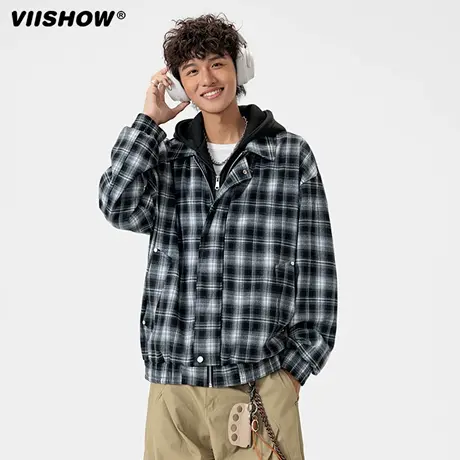 VIISHOW格纹连帽长袖衬衫美式复古男士秋冬新款宽松休闲格子外套图片