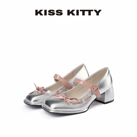 【呼呼专享】KISSKITTY玛丽珍鞋高跟鞋新款拼色一字带粗跟单鞋女商品大图
