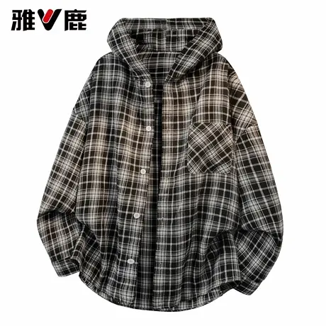 雅鹿2026春秋新款经典连帽格子长袖衬衫男潮牌宽松连帽休闲薄外套图片