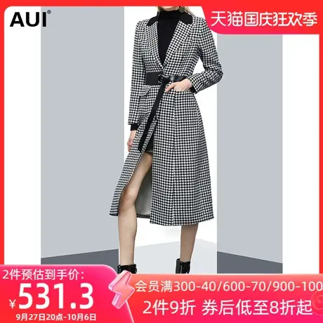 帅气千鸟格毛呢中长款过膝外套女秋2023新款欧洲站简约呢子大衣潮商品大图