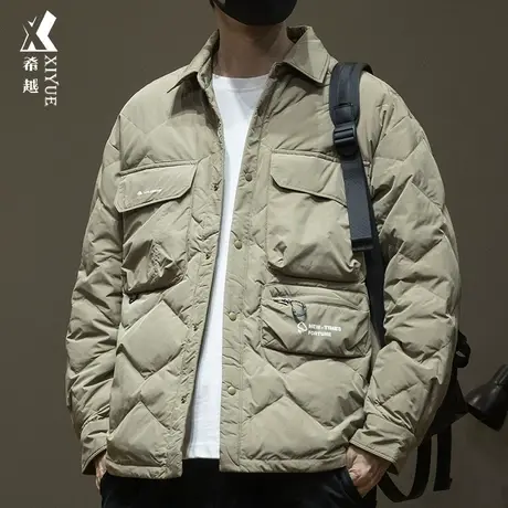希越新国标90%鸭绒工装衬衫式羽绒服男冬季宽松大码无帽棉衣外套图片
