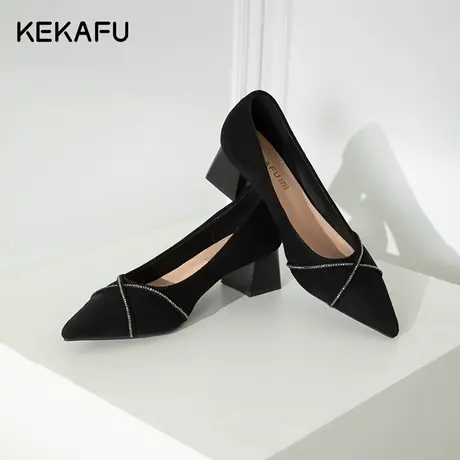 珂卡芙黑色单鞋女2023新款秋季尖头粗跟不累脚高跟鞋女设计感小众图片