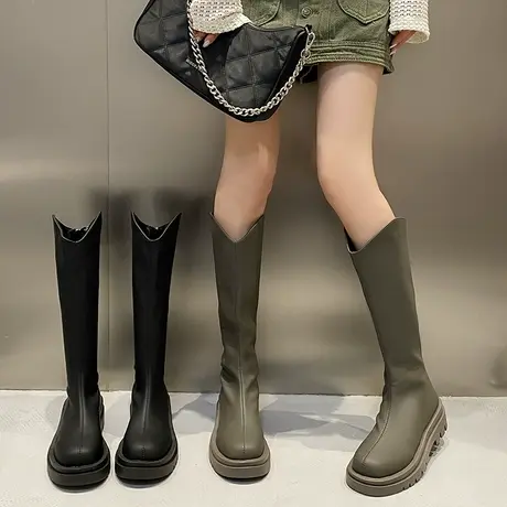 v口厚底长筒靴2023新款秋冬小个子圆头高筒靴不过膝长靴骑士靴女商品大图