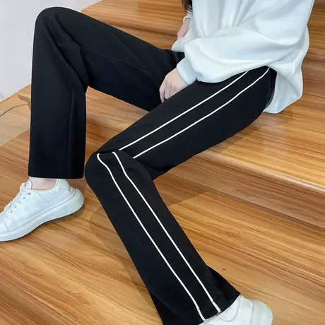 黑色运动阔腿裤女秋冬2023新款高腰宽松显瘦垂感侧条纹加厚休闲裤商品大图