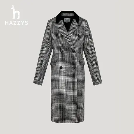 【商场同款】Hazzys哈吉斯格纹宽松长款羊毛大衣女士冬季新款外套图片