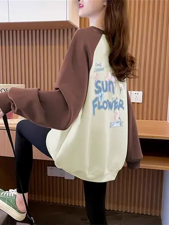 国潮撞色插肩袖卫衣女2023秋冬新款加绒加厚宽松显瘦美式复古外套图片