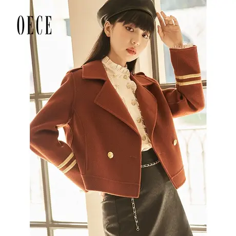 【买1送1】Oece短款毛呢外套冬新款女设计感撞色双面呢大衣小个子商品大图