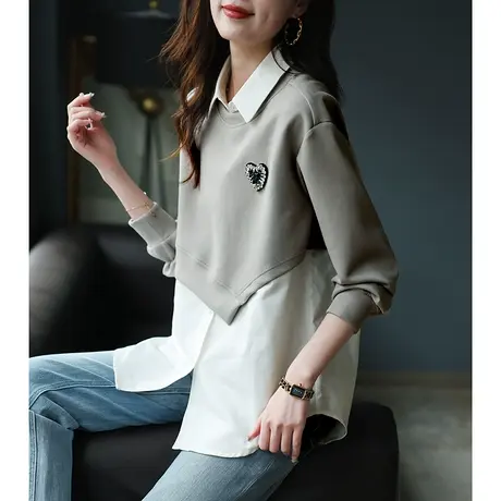 宝诗黎假两件钉珠拼接衬衫早秋新款小众女士衬衣潮2023设计感长袖商品大图