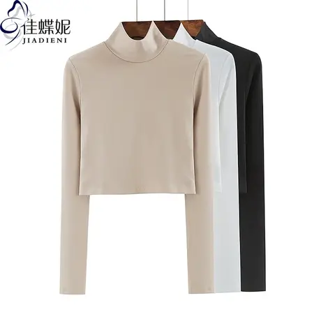 秋冬新款半高领修身短款纯欲性感纯棉纯色长袖体恤上衣女打底衫商品大图
