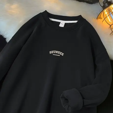 450g重磅卫衣男秋冬款黑色长袖t恤圆领无帽摇粒绒加厚保暖套头衫图片