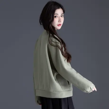 灰绿色卫衣女秋冬2023新款爆款今年流行复古圆领oversize女士上衣商品大图