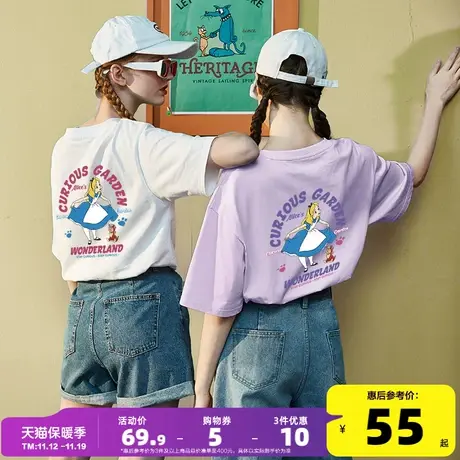 唐狮夏季圆领短袖T恤女2023新款爱丽丝印花纯棉上衣宽松甜美体恤f商品大图