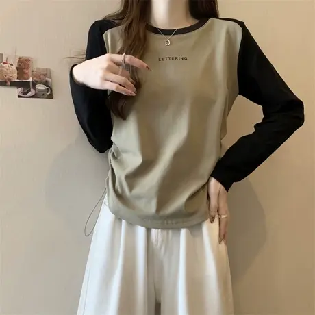 ins超火短款抽绳德绒打底衫女秋冬拼接修身内搭长袖T恤正肩上衣潮商品大图