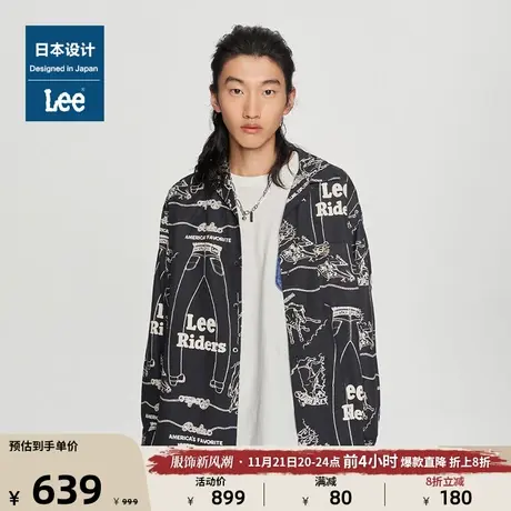 Lee日本设计23秋冬新品舒适版黑色字母印花翻领男休闲长袖衬衫图片