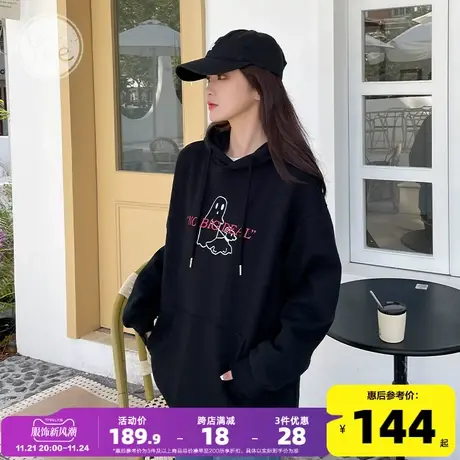 yoe黑色帽衫卫衣女套头oversize美式加绒秋装显瘦小个子上衣女款商品大图