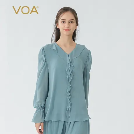 VOA冰蓝双层乔其桑蚕丝绑带荷叶边V领喇叭长袖宽松真丝亲肤上衣 T图片