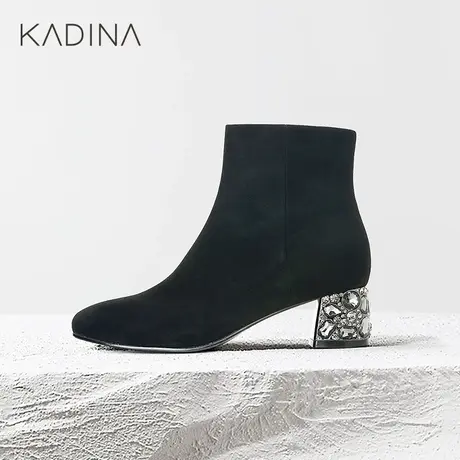 卡迪娜新款水钻粗跟女鞋迷你羊反绒面革时装靴女靴KA221511商品大图