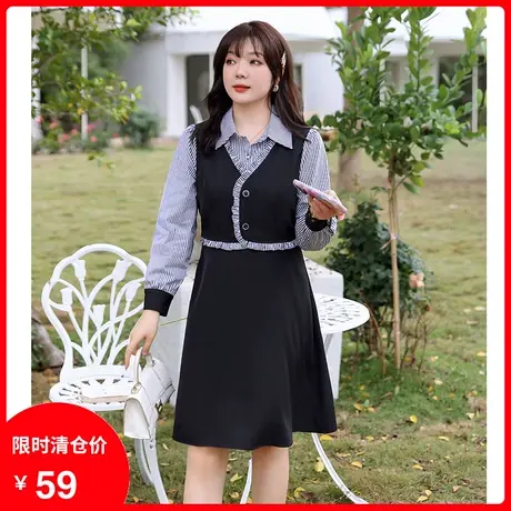2023年秋装新款气质翻领收腰显瘦胖MM大码假两件套连衣裙拼接衬衫商品大图