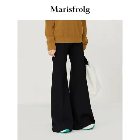 【质感休闲系列】玛丝菲尔冬新款黑高腰微喇显瘦羊毛休闲裤商品大图