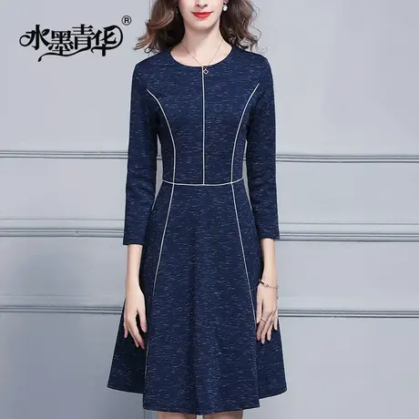 【1件7.9折】冬新款简约圆领修身显瘦A摆纯色时尚连衣裙图片