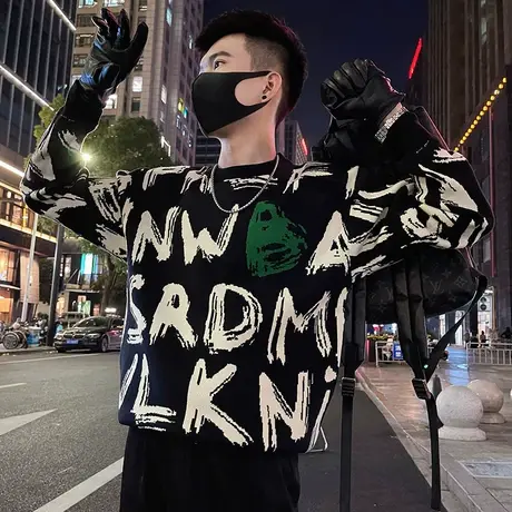 涂鸦字母印花设计感秋冬季毛衣男痞帅套头内搭针织衫线衣INS体恤商品大图