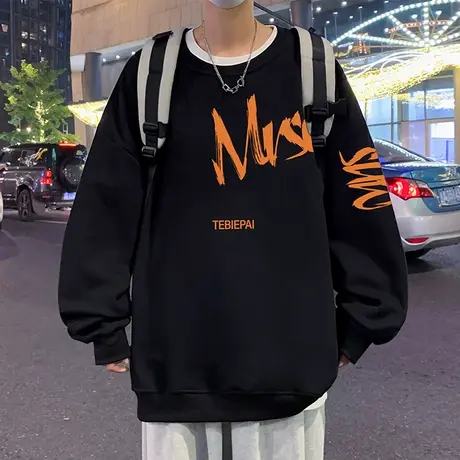 侧边袖子印花卫衣男春秋季2024新款圆领加绒潮牌宽松打底衫上衣服商品大图