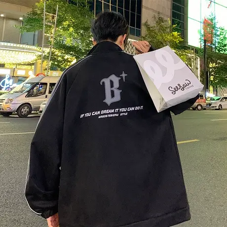 侧边反光条纹潮牌夹克男春秋季2024新款宽松休闲美式外套拉链开衫商品大图