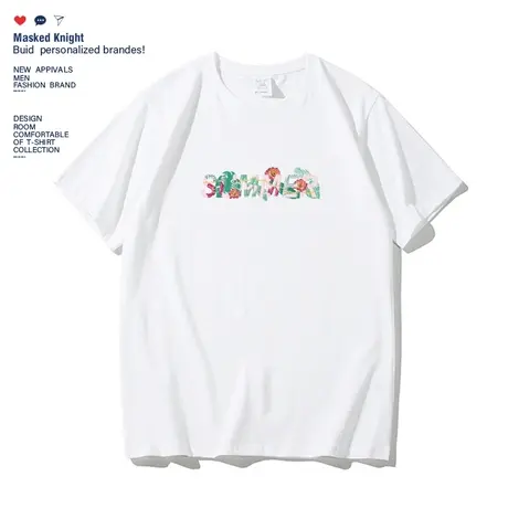 港风ins潮牌花卉字母印花t恤短袖男夏季纯棉宽松休闲圆领体恤衫商品大图