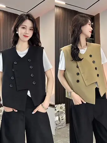 2023欧洲站春夏新款圆领双排扣不规则时尚休闲西装马甲短款外套潮商品大图