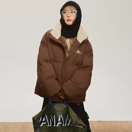 纯色潮牌拼接保暖棉服女冬季加厚外套2023新款复古宽松面包服棉衣商品大图