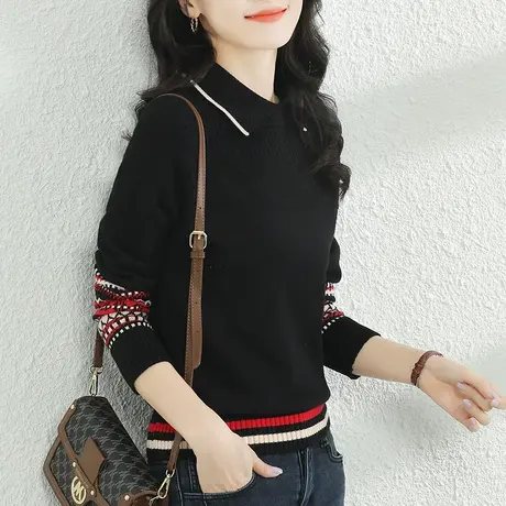 韩潮袭人娃娃领撞色套头毛衣女士2023秋季新款长袖针织衫打底衫图片