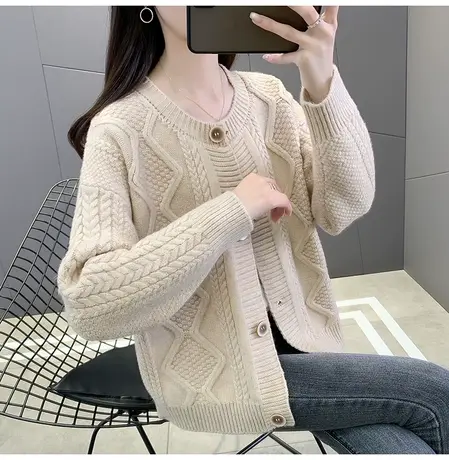 毛衣女开衫外套女2023秋冬新款加厚麻花针织衫短款宽松韩版外搭女商品大图