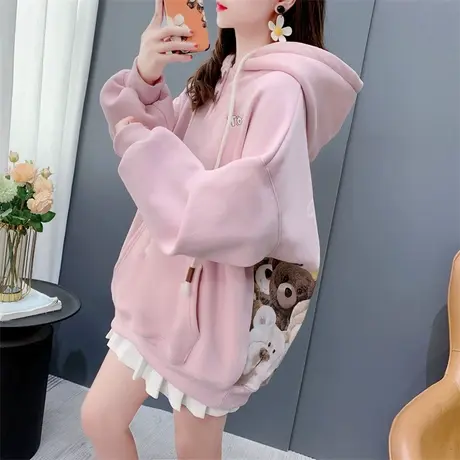 设计感加绒加厚连帽卫衣女中长款2023年冬季新款宽松洋气减龄上衣商品大图