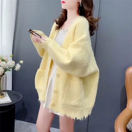 设计感破边加厚毛衣外套女秋冬2023年新款宽松慵懒风百搭开衫上衣图片