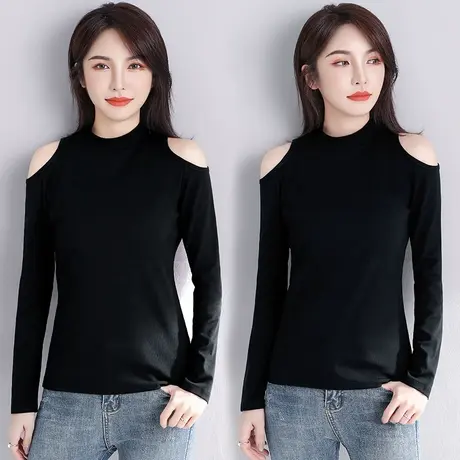 小高领打底衫女春季内搭外穿洋气露肩修身上衣新款纯色长袖t恤衫图片