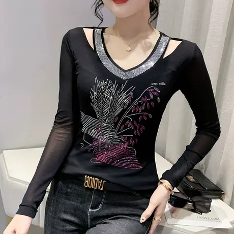 2024秋装新款性感镂空T恤女长袖设计感烫钻上衣欧货V领网纱打底衫商品大图