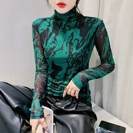 设计感扎染印花T恤女长袖气质网纱半高领上衣洋气修身减龄打底衫商品大图