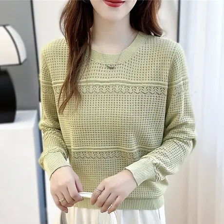秋装新款2023圆领镂空针织衫上衣女士纯色套头宽松洋气时尚打底衫图片