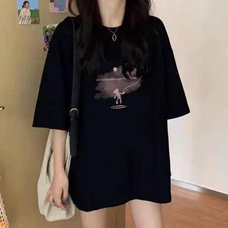 2025新款欧货纯棉中长款t恤女下衣失踪宽松设计黑色大版短袖上衣商品大图