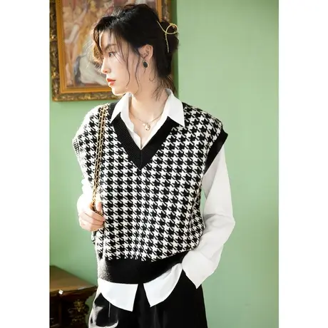 弥古复古格子针织马甲法式千鸟格毛衣背心女春秋短款v领外搭上衣商品大图