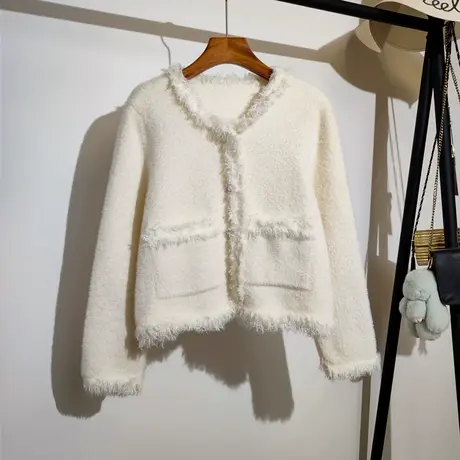 仿水貂绒毛衣开衫外套女秋冬新款宽松圆领短款名媛气质小香风上衣图片