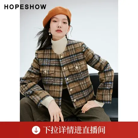 【直播专享】冬季长毛格纹单排金属扣圆领外套90123360407红袖商品大图