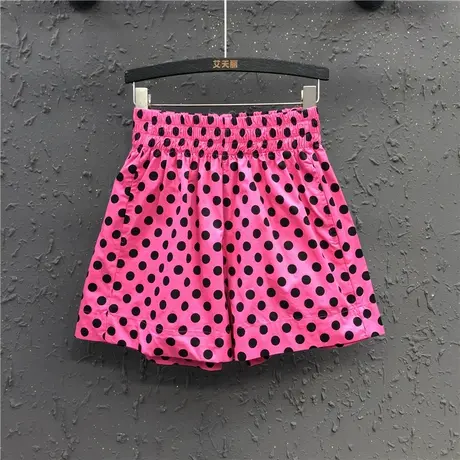 薄款时尚洋气松紧腰A字阔腿裤女夏新款休闲玫红波点宽松显瘦短裤商品大图