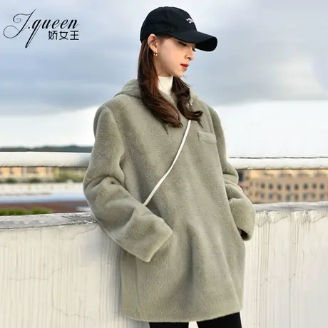 连帽套头卫衣女士秋冬新款加厚绿色毛绒上衣百搭韩版宽松加绒外套图片