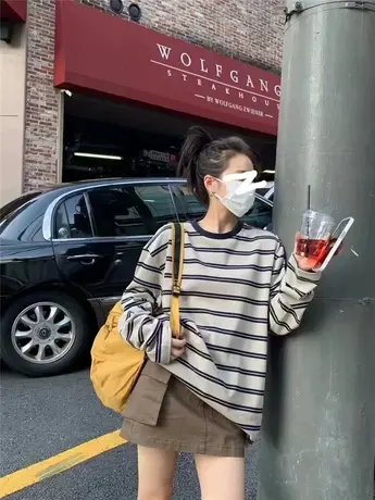 欧洲站2023秋季新款 极简慵懒风复古甜酷辣撞色条纹宽松长袖T恤女商品大图