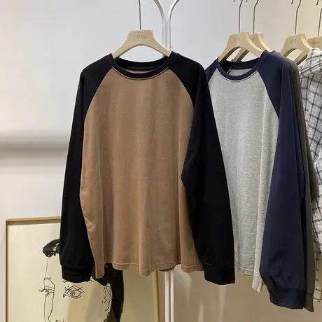 ins超火撞色插肩长袖T恤女春秋宽松显瘦内搭纯棉打底衫原宿风上衣商品大图